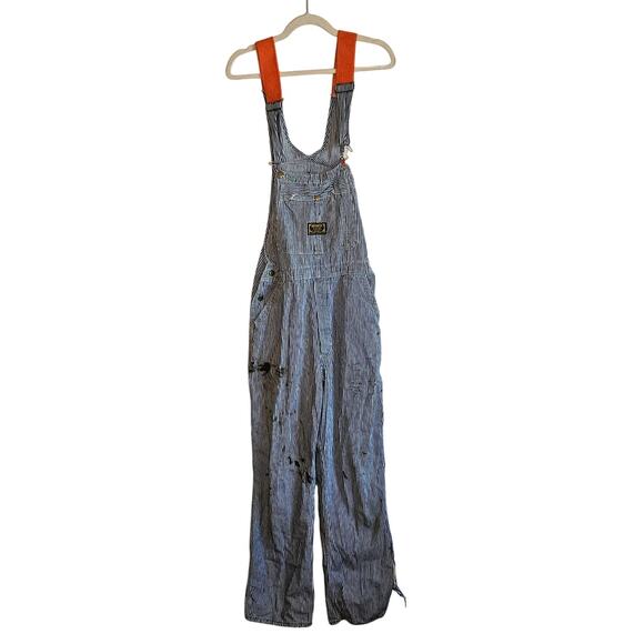 True Vtg 1950-1960's DeeCee Sanforized Orange Strap, Engineer Stripe Overalls - Picture 2 of 12